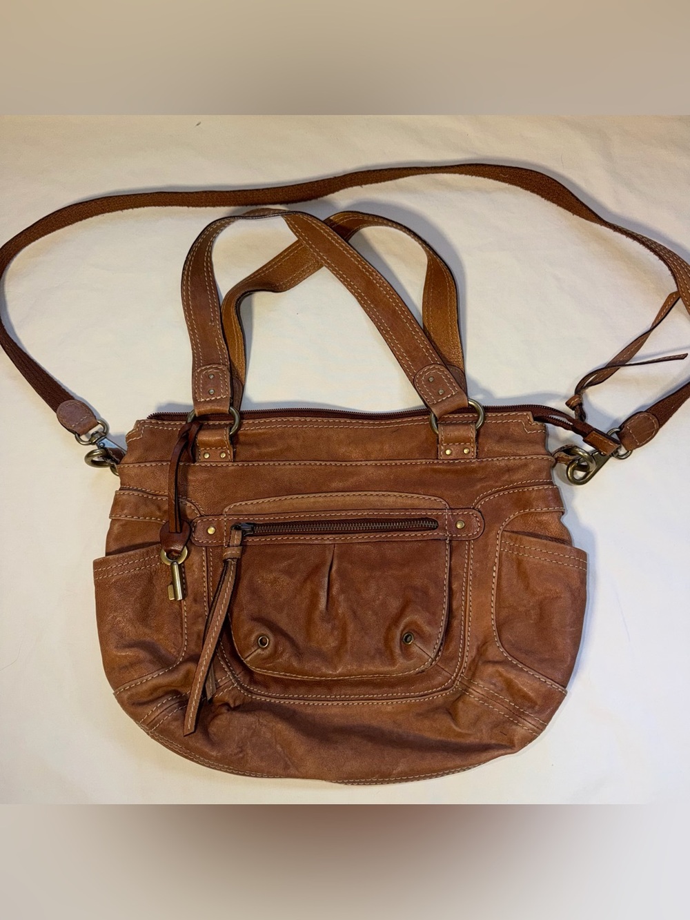 Fossil Leather Satchel Handbag Crossbody in Brown